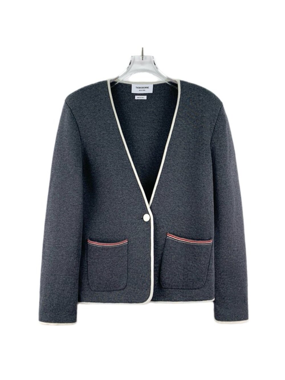 Thom Browne Dark Grey Wool V-Neck Single-Button Long-Sleeve Jacket